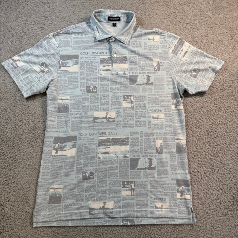 Peter Millar Crown Crafted Newspaper Print Golf Polo Shirt Mens Medium Blue